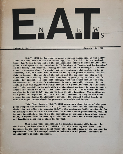 E.A.T News Vol 1 No 1 January 15 1967 in E.A.T. · Experiments in Art and Technology (E.A.T.) · 1967 · Ephemera